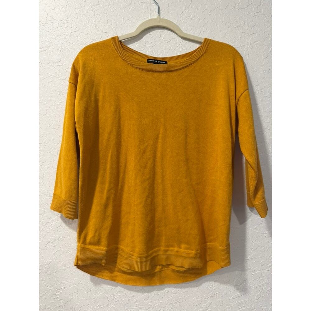 Cable & Gauge Mustard Knit Sweater Back Button Detail 3/4 Sleeve Size M